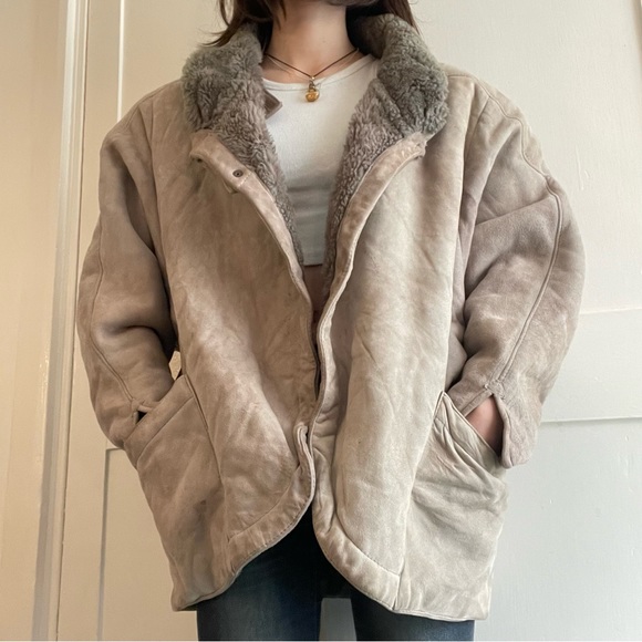 Vintage grey cream genuine sheepskin shearling jacket aviator style high end - Picture 4 of 8